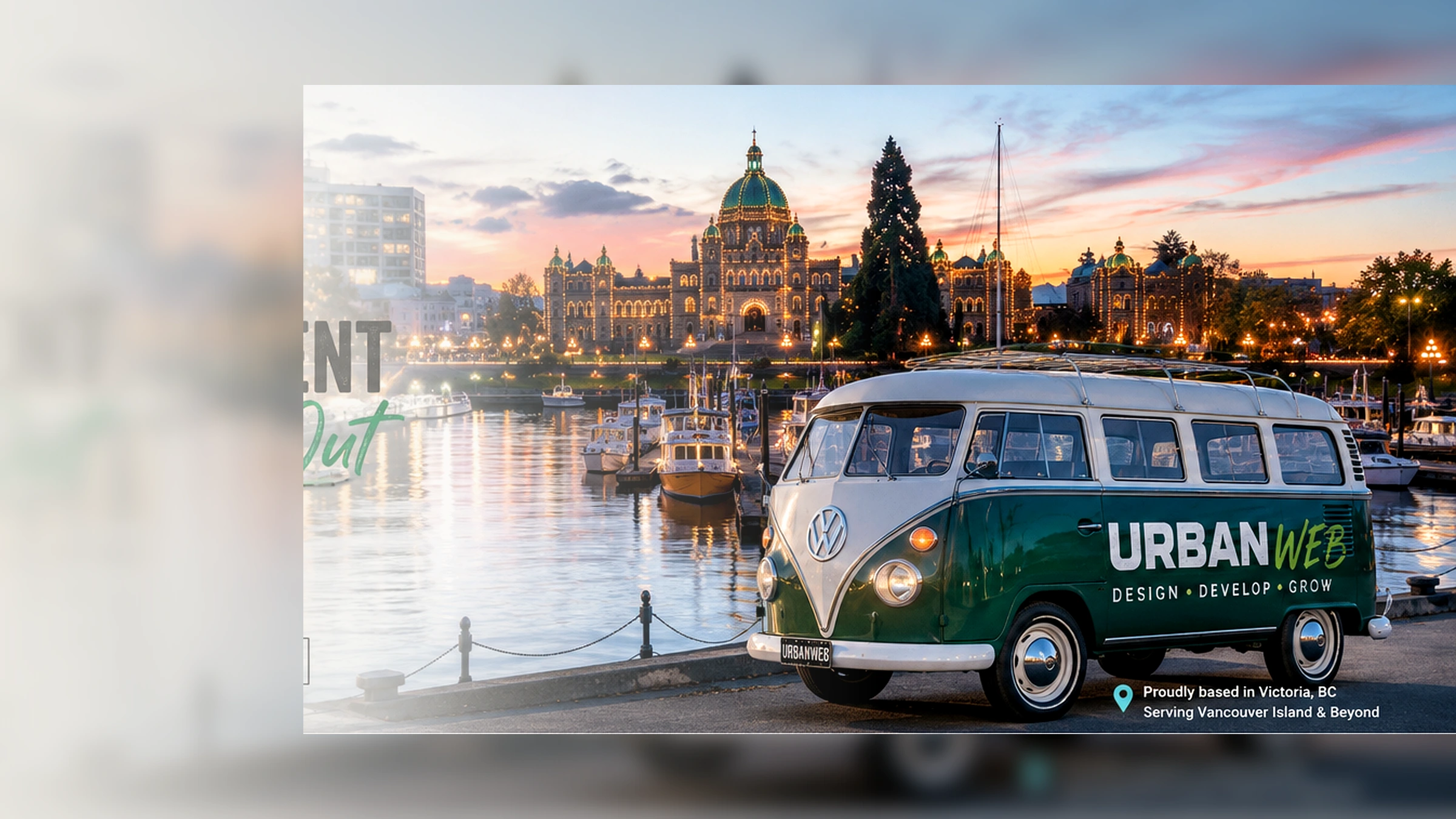 Victoria Inner Harbour at sunset with the British Columbia Parliament Buildings and a vintage Urban Web Volkswagen van